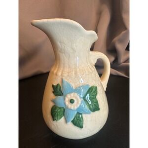 Vintage Hull Pottery Pitcher Crackle Glaze Blue Floral Design Ceramic Decor